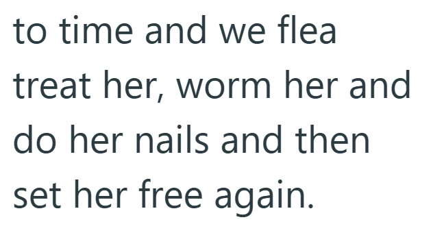to time and we flea treat her, worm her and do her nails and then set her free again.