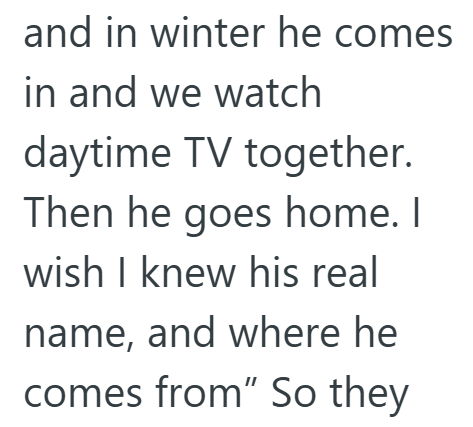 and in winter he comes in and we watch daytime TV together. Then he goes home. I wish I knew his real name, and where he comes from" So they