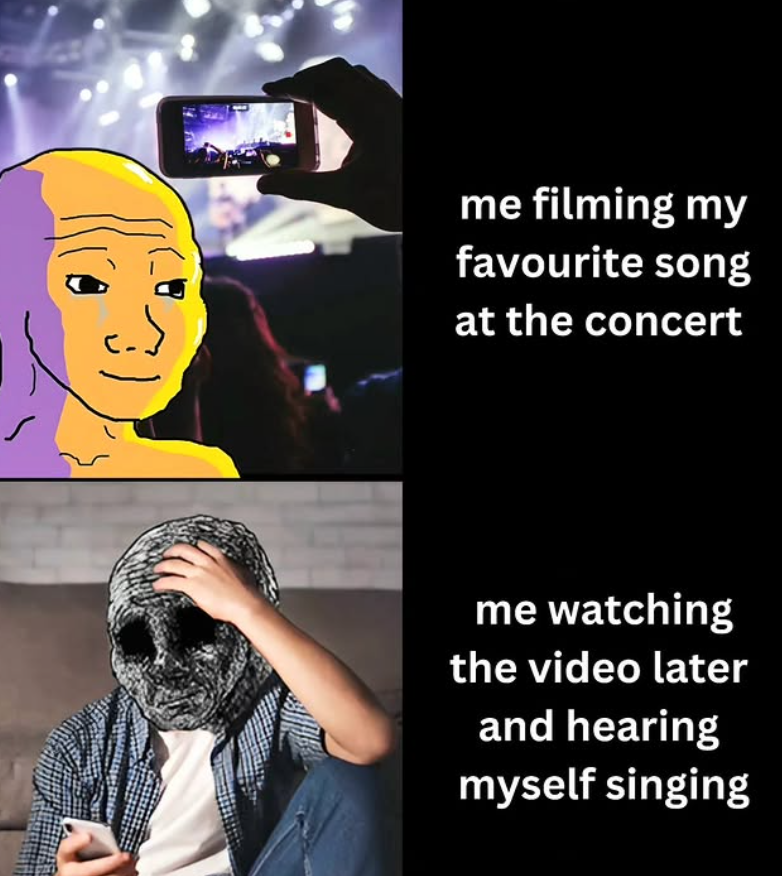 me filming my favourite song at the concert me watching the video later and hearing myself singing