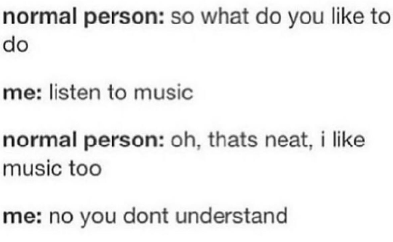 normal person: so what do you like to do me: listen to music normal person: oh, thats neat, i like music too me: no you dont understand