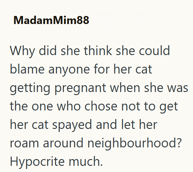 Madam Mim88 Why did she think she could blame anyone for her cat getting pregnant when she was the one who chose not to get her cat spayed and let her roam around neighbourhood? Hypocrite much.