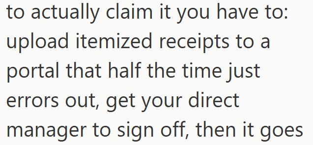 to actually claim it you have to: upload itemized receipts to a portal that half the time just errors out, get your direct manager to sign off, then it goes