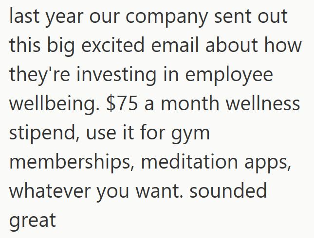 last year our company sent out this big excited email about how they're investing in employee wellbeing. $75 a month wellness stipend, use it for gym memberships, meditation apps, whatever you want. sounded great
