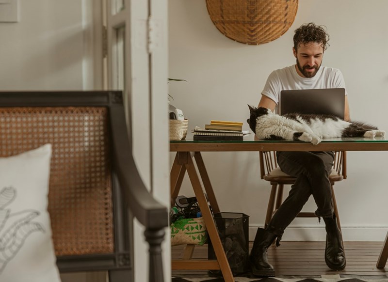 Man working from home on a laptop while his black-and-white cat naps on the desk beside him.