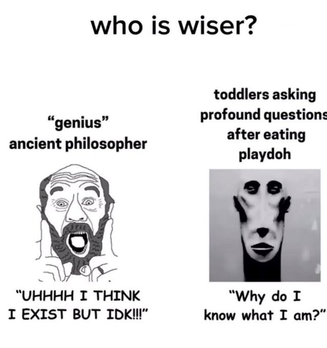 who is wiser? "genius" ancient philosopher toddlers asking profound questions after eating playdoh “UHHHH I THINK I EXIST BUT IDK!!!" "Why do I know what I am?"