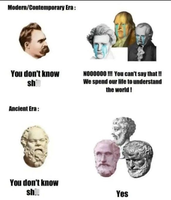 Modern/Contemporary Era: You don't know sh Ancient Era: You don't know sh.. NO00000 !!! You can't say that!! We spend our life to understand the world! Yes