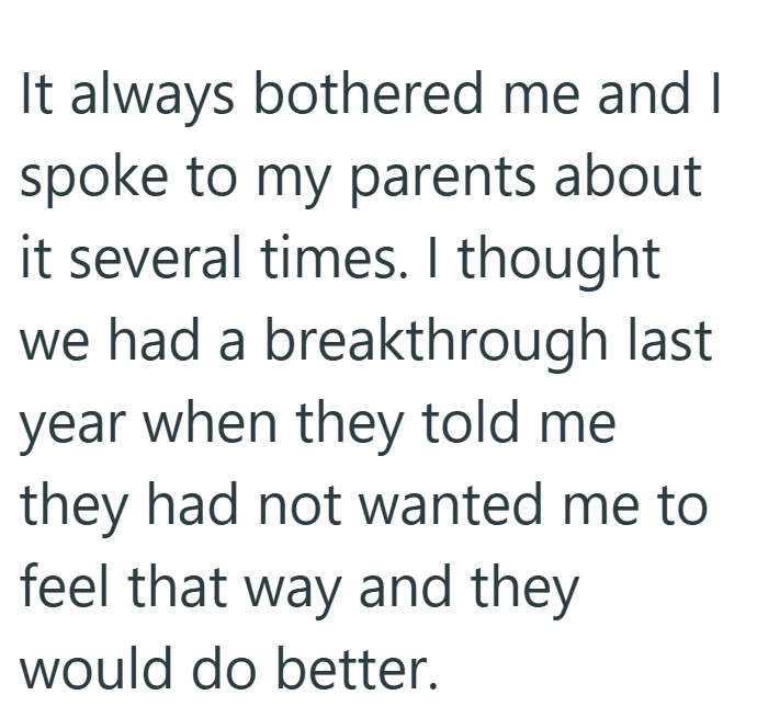 It always bothered me and I spoke to my parents about it several times. I thought we had a breakthrough last year when they told me they had not wanted me to feel that way and they would do better.