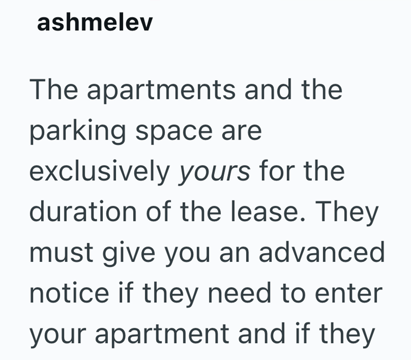 ashmelev The apartments and the parking space are exclusively yours for the duration of the lease. They must give you an advanced notice if they need to enter your apartment and if they
