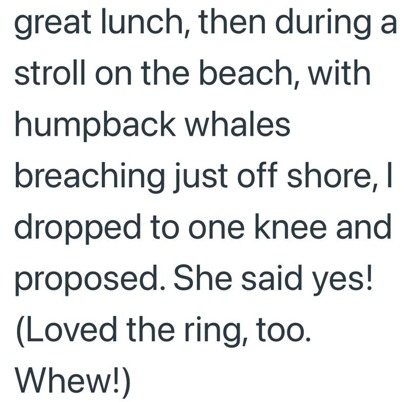 great lunch, then during a stroll on the beach, with humpback whales breaching just off shore, I dropped to one knee and proposed. She said yes! (Loved the ring, too. Whew!)