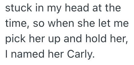 stuck in my head at the time, so when she let me pick her up and hold her, I named her Carly.