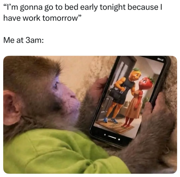 "I'm gonna go to bed early tonight because I have work tomorrow" Me at 3am: 9812