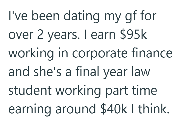 I've been dating my gf for over 2 years. I earn $95k working in corporate finance and she's a final year law student working part time. earning around $40k I think.