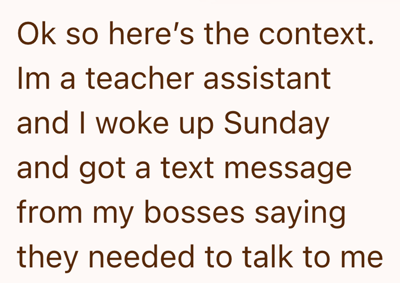 Ok so here's the context. Im a teacher assistant and I woke up Sunday and got a text message from my bosses saying they needed to talk to me