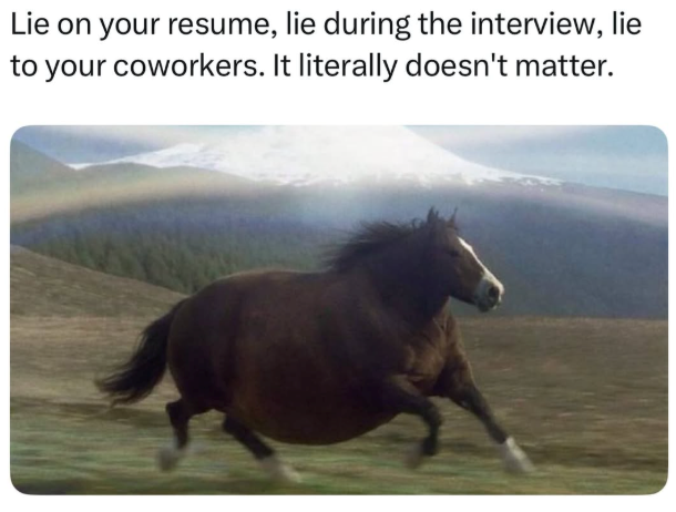 Lie on your resume, lie during the interview, lie to your coworkers. It literally doesn't matter.