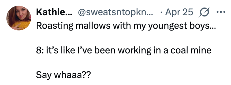 . Kathle... @sweatsntopkn... Apr 25 Ø Roasting mallows with my youngest boys... 8: it's like I've been working in a coal mine Say whaaa?? ...