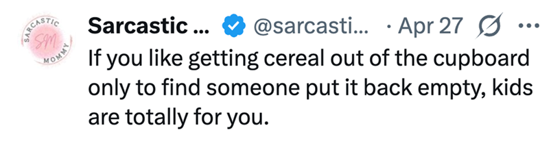 SARCASTIC Sm MOMM Sarcastic... @sarcasti... Apr 27 If you like getting cereal out of the cupboard only to find someone put it back empty, kids are totally for you.