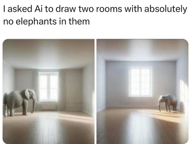 I asked Ai to draw two rooms with absolutely no elephants in them