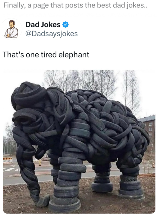 Finally, a page that posts the best dad jokes.. Dad Jokes ⭑ @Dadsaysjokes That's one tired elephant