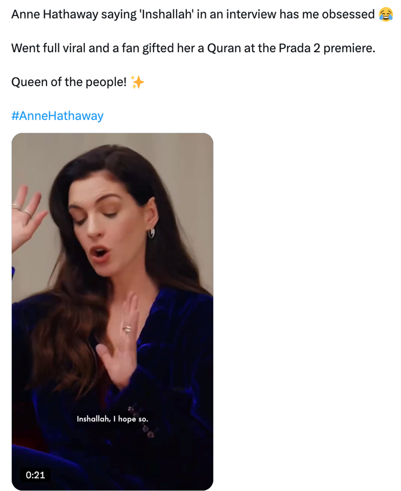 A freeze frame of Anne Hathaway in a 2026 interview.