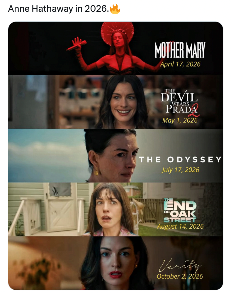 A collage of stills from Anne Hathaway's five film projects in 2026.