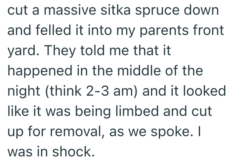 cut a massive sitka spruce down and felled it into my parents front yard. They told me that it happened in the middle of the night (think 2-3 am) and it looked like it was being limbed and cut up for removal, as we spoke. I was in shock.