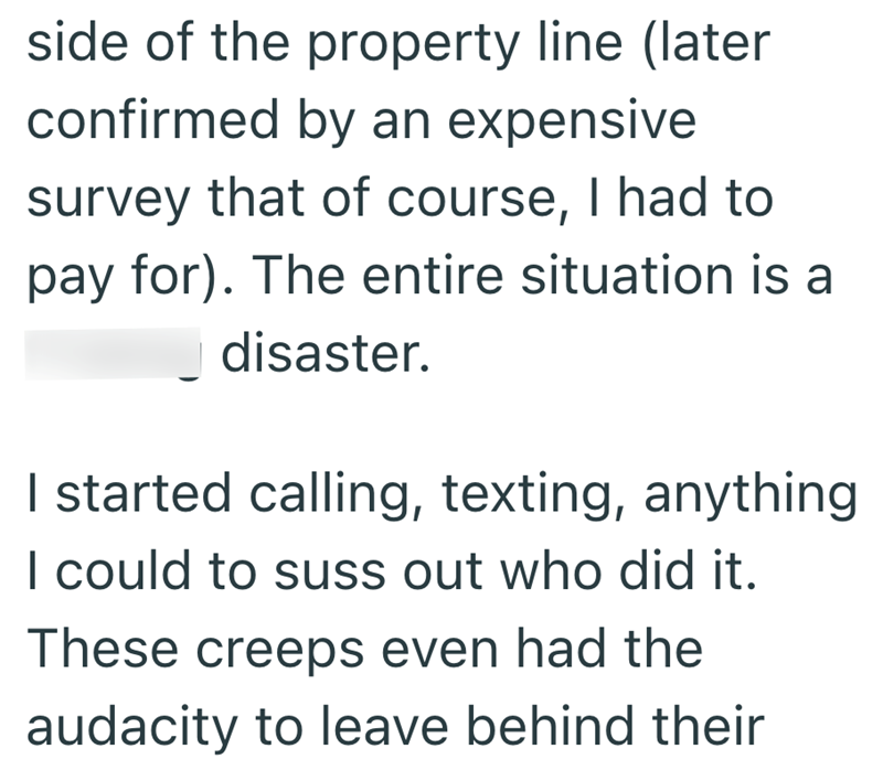 side of the property line (later confirmed by an expensive survey that of course, I had to pay for). The entire situation is a disaster. I started calling, texting, anything I could to suss out who did it. These creeps even had the audacity to leave behind their