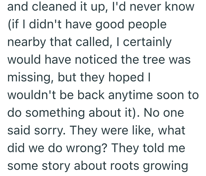 and cleaned it up, I'd never know (if I didn't have good people nearby that called, I certainly would have noticed the tree was missing, but they hoped I wouldn't be back anytime soon to do something about it). No one said sorry. They were like, what did we do wrong? They told me some story about roots growing