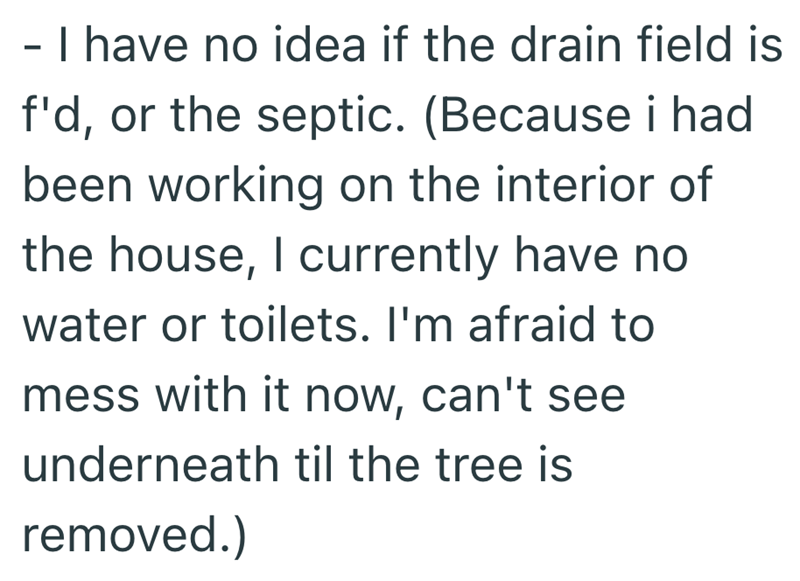 - I have no idea if the drain field is f'd, or the septic. (Because i had been working on the interior of the house, I currently have no water or toilets. I'm afraid to mess with it now, can't see underneath til the tree is removed.)