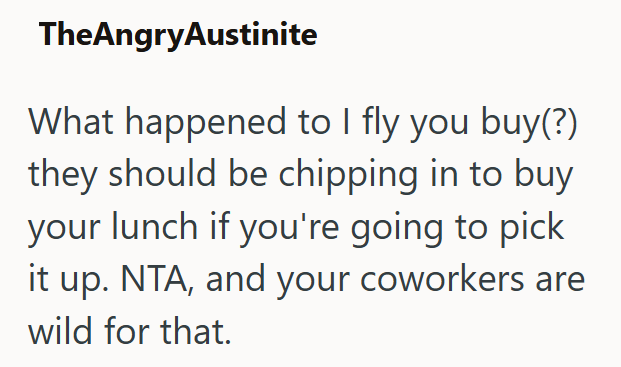 TheAngryAustinite What happened to I fly you buy(?) they should be chipping in to buy your lunch if you're going to pick it up. NTA, and your coworkers are wild for that.