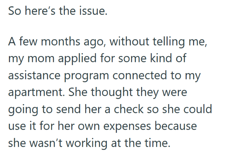 So here's the issue. A few months ago, without telling me, my mom applied for some kind of assistance program connected to my apartment. She thought they were going to send her a check so she could use it for her own expenses because she wasn't working at the time.