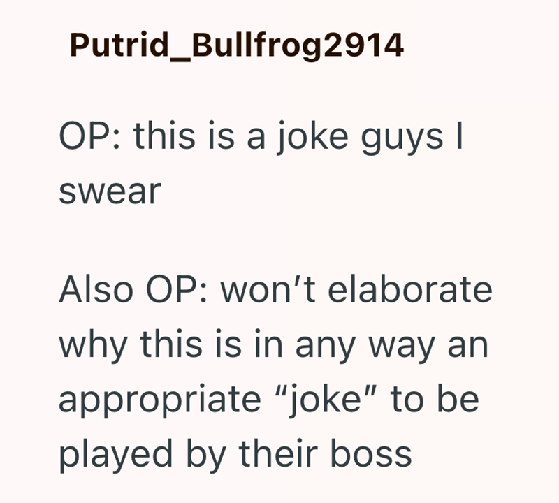 Putrid_Bullfrog2914 OP: this is a joke guys I swear Also OP: won't elaborate why this is in any way an appropriate "joke" to be played by their boss