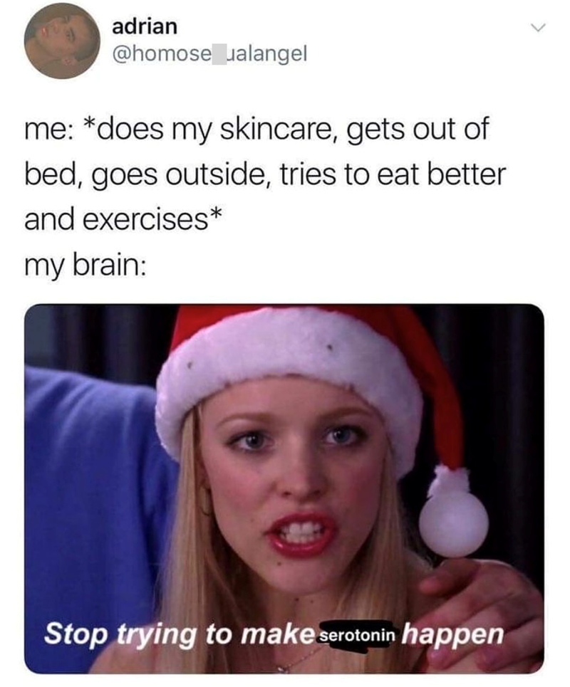 > adrian @homosexualangel me: *does my skincare, gets out of bed, goes outside, tries to eat better and exercises* my brain: Stop trying to make serotonin happen
