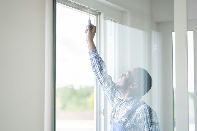 Worker smiles while fixing window.