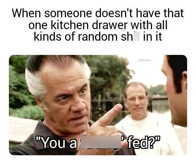 When someone doesn't have that one kitchen drawer with all kinds of random sh in it nomemes "You a fed?"