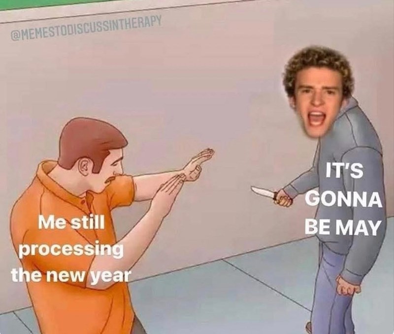 @MEMESTODISCUSSINTHERAPY Me still processing the new year IT'S GONNA BE MAY