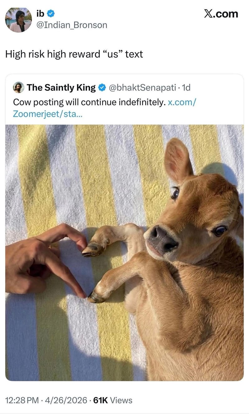 ib @Indian_Bronson High risk high reward "us" text The Saintly King @bhaktSenapati - 1d Cow posting will continue indefinitely. x.com/ Zoomerjeet/sta... 12:28 PM 4/26/2026 61K Views X.com