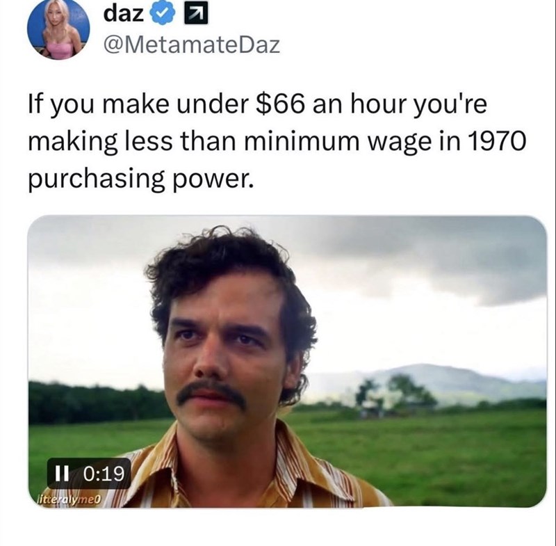 daz ☑ 기 @MetamateDaz If you make under $66 an hour you're making less than minimum wage in 1970 purchasing power. II 0:19 litteralyme0