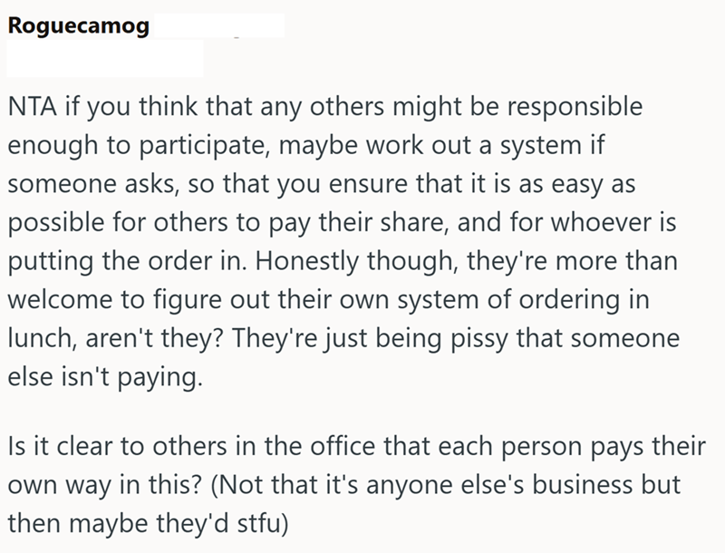 Roguecamog NTA if you think that any others might be responsible enough to participate, maybe work out a system if someone asks, so that you ensure that it is as easy as possible for others to pay their share, and for whoever is putting the order in. Honestly though, they're more than welcome to figure out their own system of ordering in lunch, aren't they? They're just being pissy that someone else isn't paying. Is it clear to others in the office that each person pays their own way in this? (N