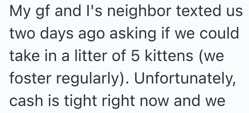 My gf and I's neighbor texted us two days ago asking if we could take in a litter of 5 kittens (we foster regularly). Unfortunately, cash is tight right now and we