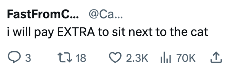 FastFromC... @Ca... i will pay EXTRA to sit next to the cat ○ 3 118 2.3K 70K ↑