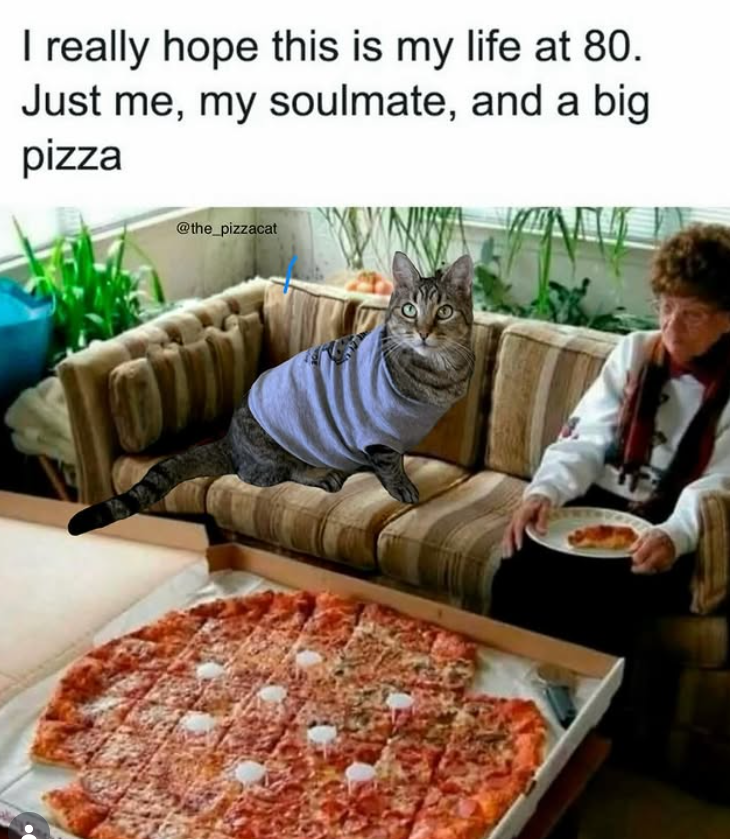 I really hope this is my life at 80. Just me, my soulmate, and a big pizza @the_pizzacat