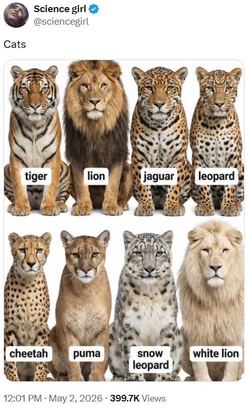 Cats Science girl @sciencegirl tiger lion jaguar leopard cheetah puma snow white lion leopard 12:01 PM. May 2, 2026 399.7K Views