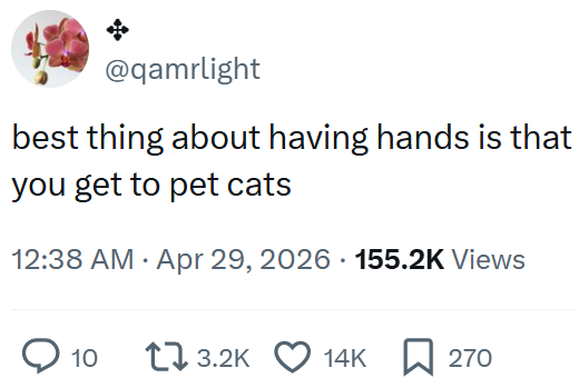 @qamrlight best thing about having hands is that you get to pet cats • 12:38 AM Apr 29, 2026 155.2K Views 10 13.2K 14K 270