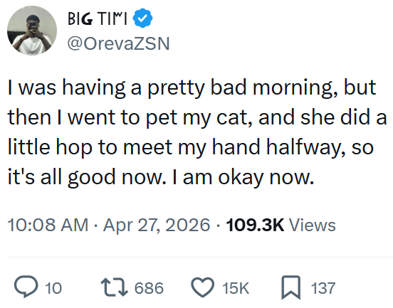 BIG TIMI @OrevaZSN I was having a pretty bad morning, but then I went to pet my cat, and she did a little hop to meet my hand halfway, so it's all good now. I am okay now. • 10:08 AM ⚫ Apr 27, 2026 109.3K Views > 10 17686 15K 137