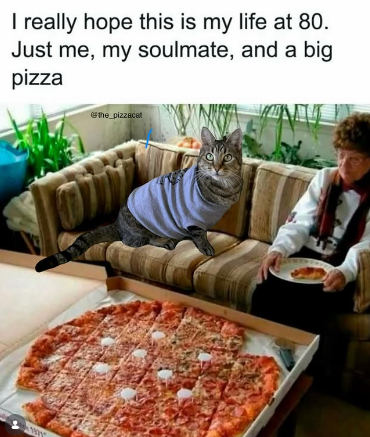 I really hope this is my life at 80. Just me, my soulmate, and a big pizza @the_pizzacat 1971