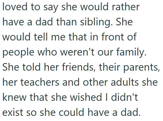 loved to say she would rather have a dad than sibling. She would tell me that in front of people who weren't our family. She told her friends, their parents, her teachers and other adults she knew that she wished I didn't exist so she could have a dad.