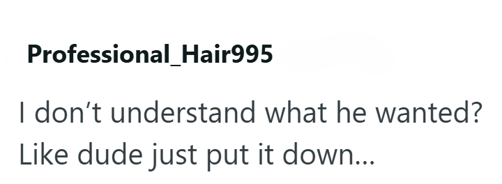 Professional_Hair995 I don't understand what he wanted? Like dude just put it down...