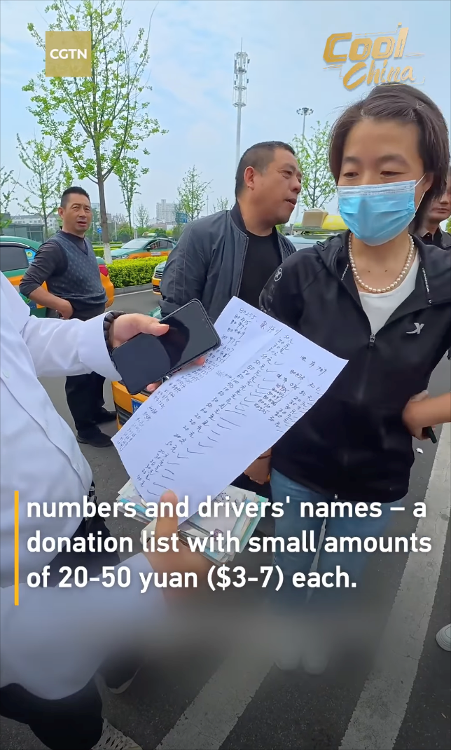 CGTN Copil Chines 80255. 型 numbers and drivers' names - a donation list with small amounts of 20-50 yuan ($3-7) each.