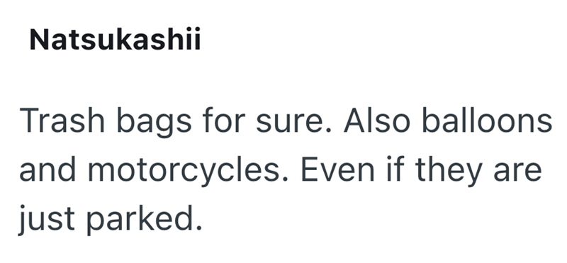 Natsukashii Trash bags for sure. Also balloons and motorcycles. Even if they are just parked.