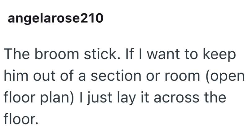 angelarose210 The broom stick. If I want to keep him out of a section or room (open floor plan) I just lay it across the floor.